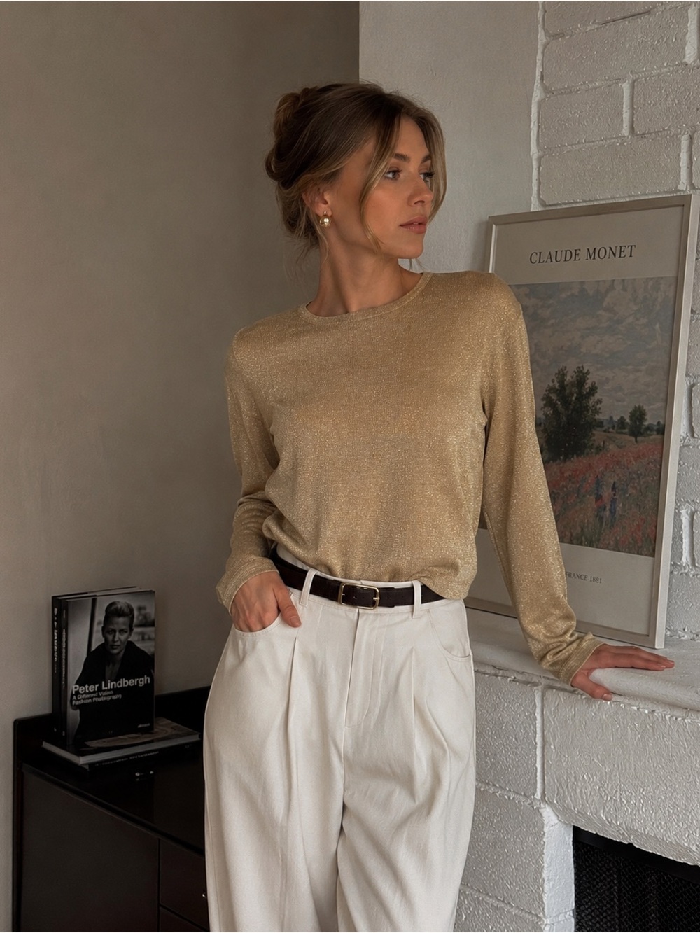 Vintage Sarah B Studio Gold Metallic Silk Blend Sweater – Size M